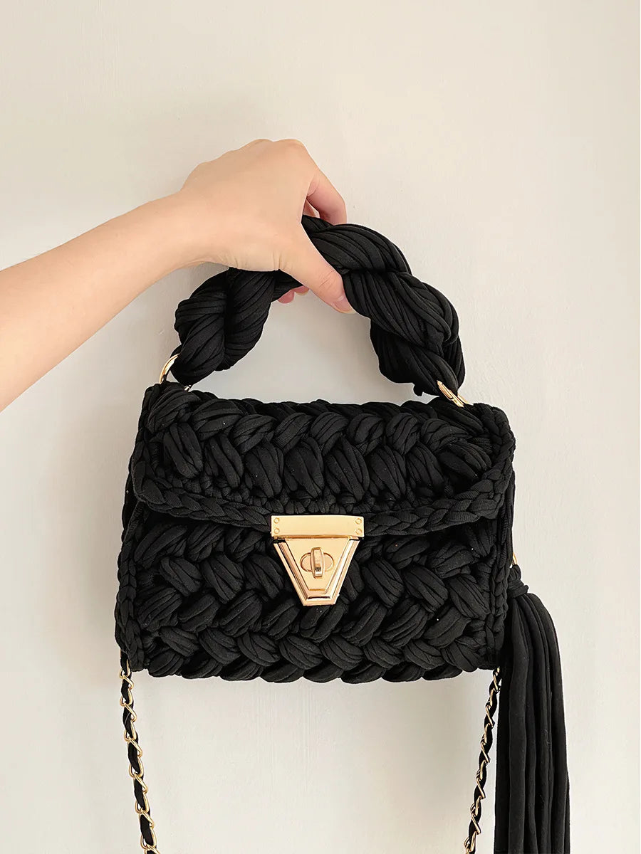 New Handmade Woven Women's Crossbody Bags Thread Hook Knitted Shoulder Bag Colorful Strip Chains Bags for Women Small Purses