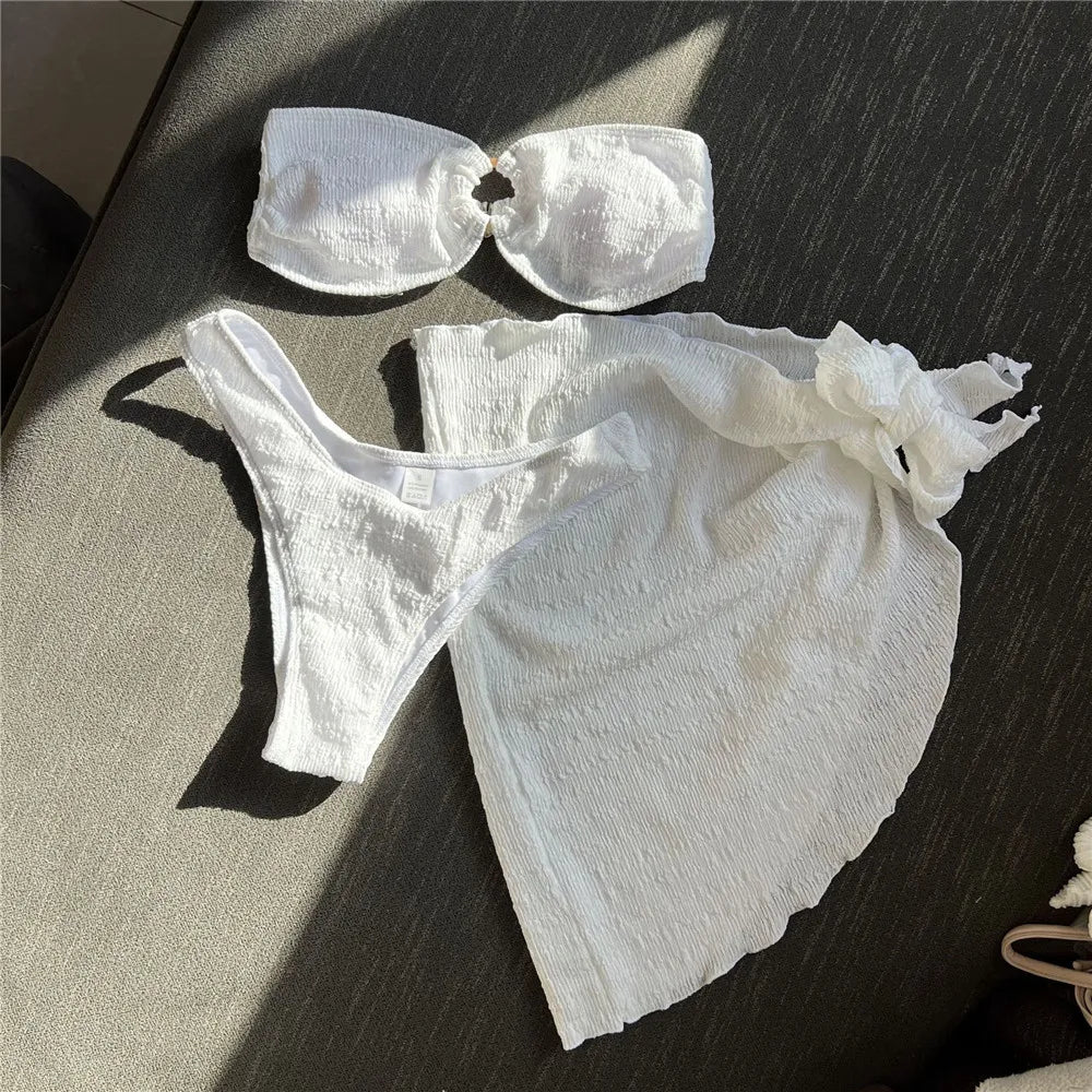 Light Blue Bandeau 3 Piece Bikini Set with Cover Up Texture Swimwear Sexy Swimsuit Women High Cut Bathing Suit Beachwear Bikinis
