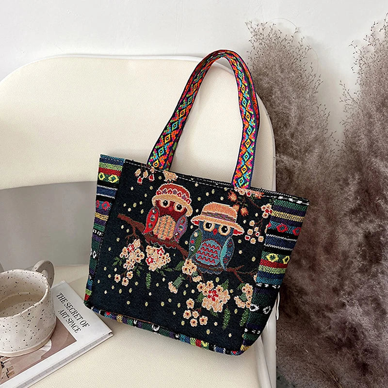 Animal Ethnic Style Handbag Trendy Elephant Embroidery Handbag Owl Canvas Women Shoulder Bags Women Tote Bag