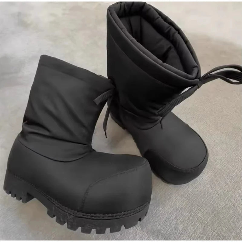 Unisex Big Head Botas Mujer Designer Drawstring Snow Boot Waterproof Anti-slip Warm Padded Thickened Platform Bottom Ankle Shoes