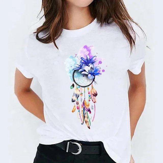 Casual round Neck Short Sleeve White T-Shirt Women's Fashion Harry Potter Print Top Base Shirt Floral Patchwork Chinese Origin