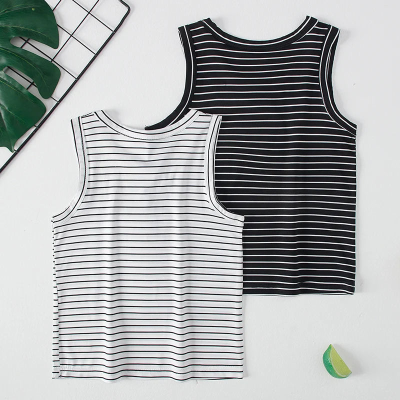 2-Pcs Children's Four Seasons Black And White Striped Vest Boy Leisure Sports Running Top Girl Basic Joker Fashion Bottoming Shi