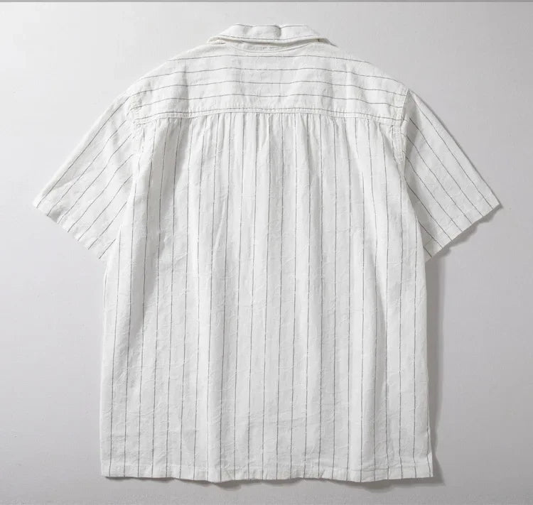 Men's Cuban Collar Linen Shirt - Summer Japanese-Inspired Retro Hong Kong Style Striped Casual Short-Sleeve Shirt with Jacquard