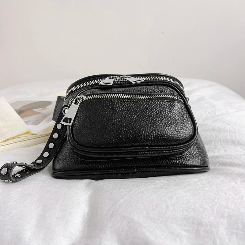 High Quality 100%Natural Cowskin Female Shoulder Crossbody Tote Genuine Leather Saddle Bags For Women Casual Wide Strap Handbags