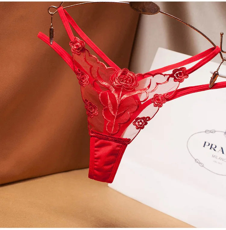 New Women Sexy Embroidered Ladies Thong Transparent Mesh Florid Strap Temptation Low Waist Panties Female Hot T Pants Large Size
