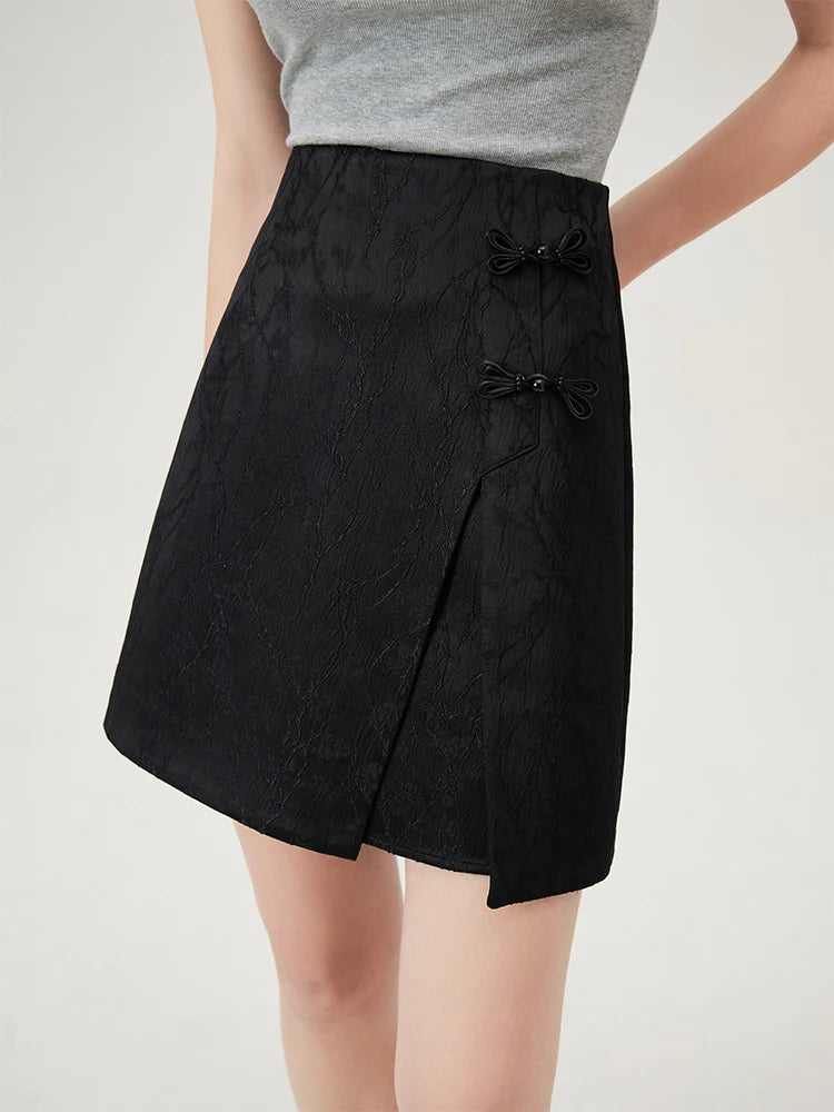 FSLE Beige Mini Skirts New Chinese Style Asymmetric Jacquard Short Skirt Summer Women Black A-LINE Skirts 24FS12897