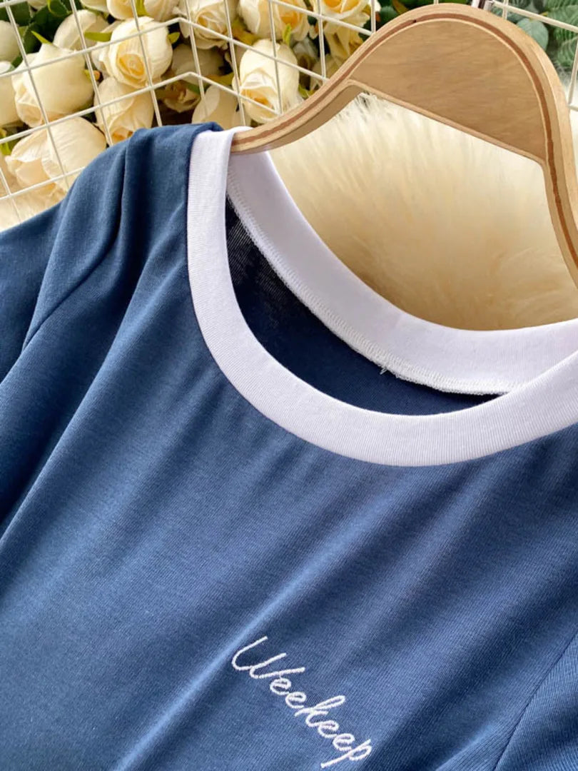 Foamlina Short Sleeve Knitted Skinny Bodysuit Women Summer Fashion Color Block Letters Embroidery O-neck Slim Body Top Jumpsuit