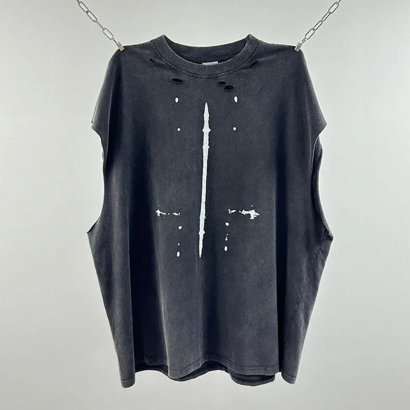 Red Skull Finger Print Damaged Hole Saint Tank Tee Men Women Streetwear Oversized Vest Vintage Washe Black Sleeveless T Shirt