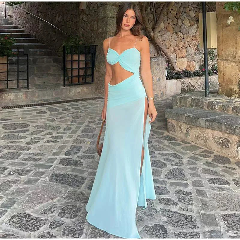 Sexy Backless lace Up Long Dress Women Elegant Sleeveless Side Split Off Shoulder Dresses Female 2025 Summer Beach Party Robes