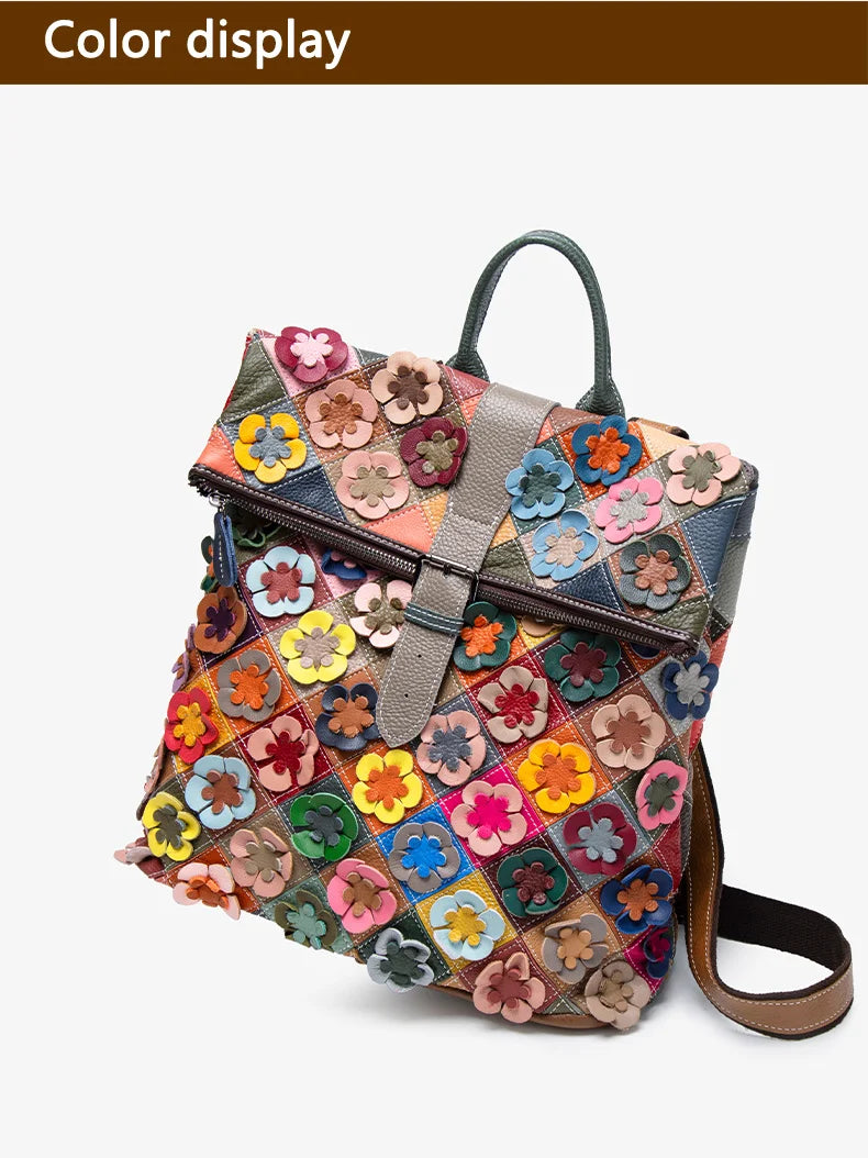 Handmade bag, three-dimensional floral romantic backpack, colorful patchwork retro backpack, luxurious travel experience