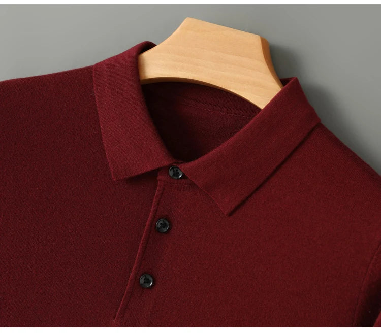 Spring Autumn Men Shirt Merino Worsted Wool Knitted Pullover Long Sleeve Polo-Collar Clothing Tops Smart Casual Thin Outerwears