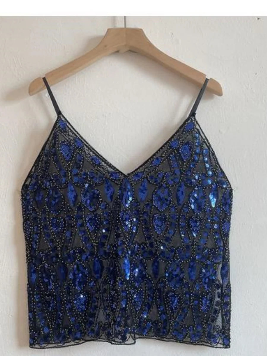 Y2k Sequined Crop Tops Women Sexy Bead Work Mesh Tops Women Pink Sparkle Tanks Tops Femme Party Clubwear