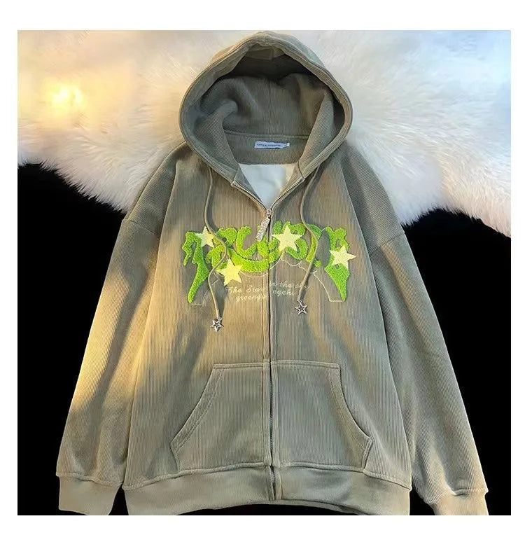Y2k Zip Up Hoodie Women Spring Retro Embroidered Letter Loose Long Sleeve Tops 2025 Casual Hooded Sweatshirts Harajuku Jackets