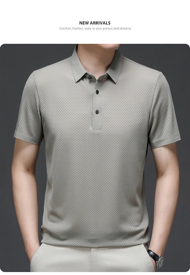 Summer New Men's Lop-up Hollow Short-sleeved Polo Shirt Ice Silk Breathable Business Fashion T-Shirt Male Brand Clothes