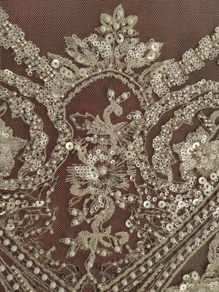 High quality luxury embroidery lace mesh ivory silver bead sequins wedding dress DIY lace clothing accessories