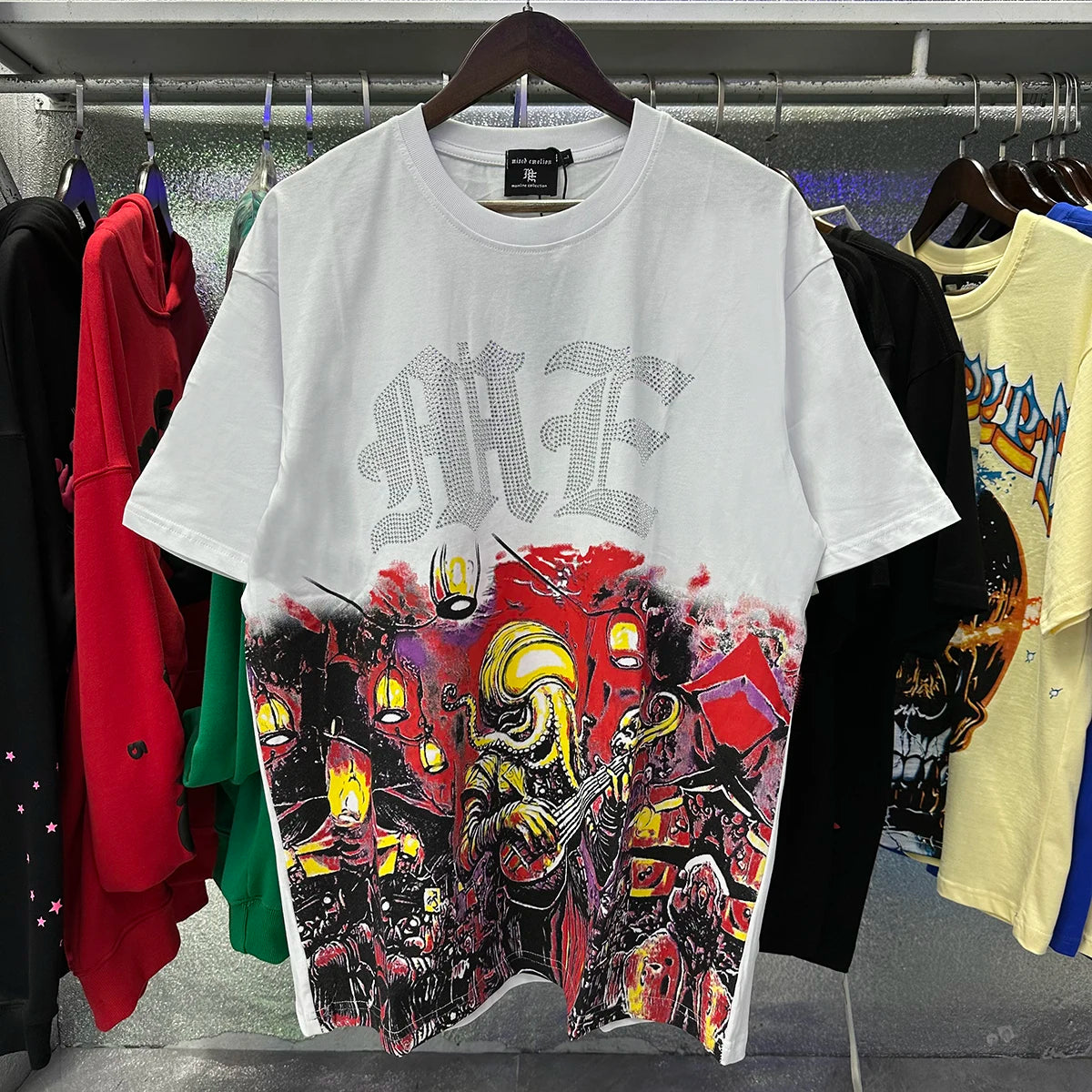 Summer Letter Rhinestone Short Sleeve Tshirts for Men White Streetwear Cotton Loose Crew Neck Top Tees Oversized Unisex Tshirt