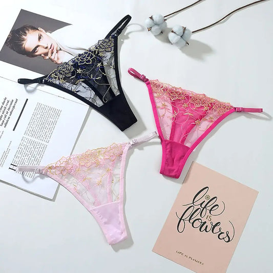 New Underwear Women Embroidery Flower Hollow Mesh Panties Soft Thin G-String Solid Thongs Sexy Female Underpants Lingerie