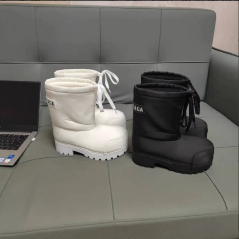 Unisex Big Head Botas Mujer Designer Drawstring Snow Boot Waterproof Anti-slip Warm Padded Thickened Platform Bottom Ankle Shoes