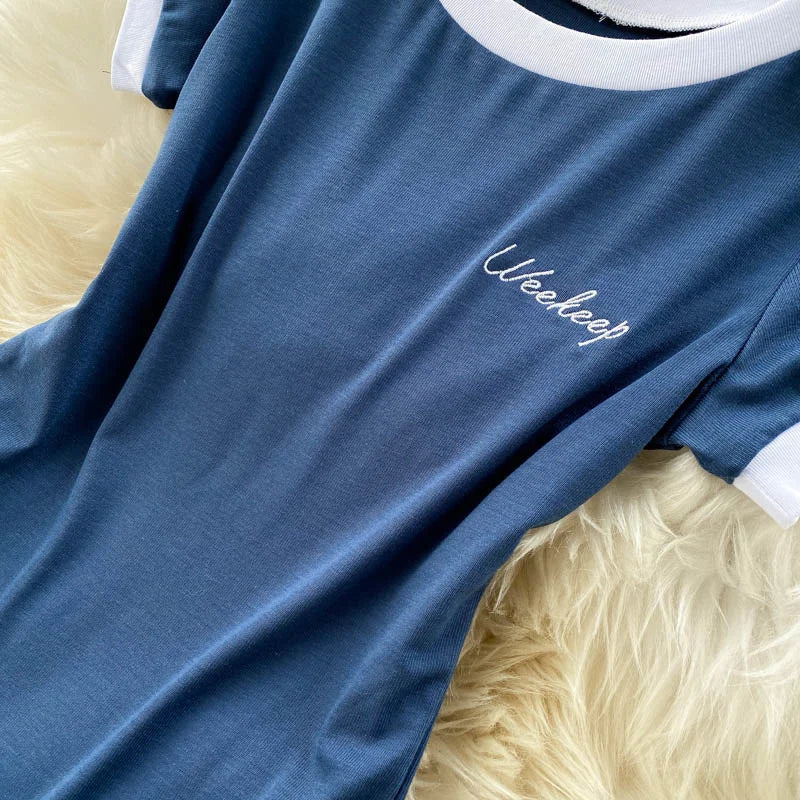 Foamlina Short Sleeve Knitted Skinny Bodysuit Women Summer Fashion Color Block Letters Embroidery O-neck Slim Body Top Jumpsuit