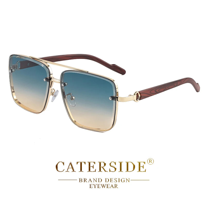 CATERSIDE Retro Wooden Temple Sunglasses Men Square Flat Top Double Bridges Sun Glasses Women Travel Fashion Eyeglass UV400