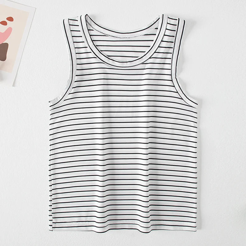 2-Pcs Children's Four Seasons Black And White Striped Vest Boy Leisure Sports Running Top Girl Basic Joker Fashion Bottoming Shi