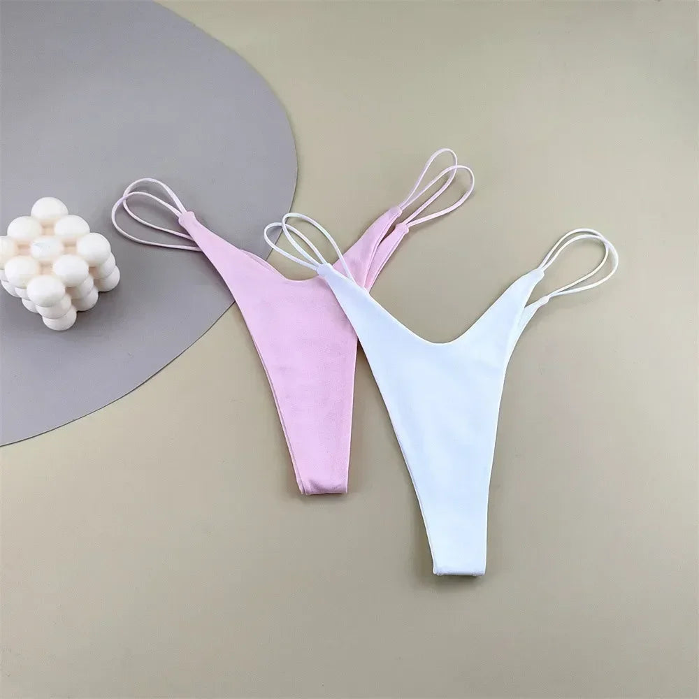 2PCS/Set Strappy Plus Size Two Layers Cotton G Strings Panties for Women Low Rise Solid Color Pink Thong Tanga Underwear