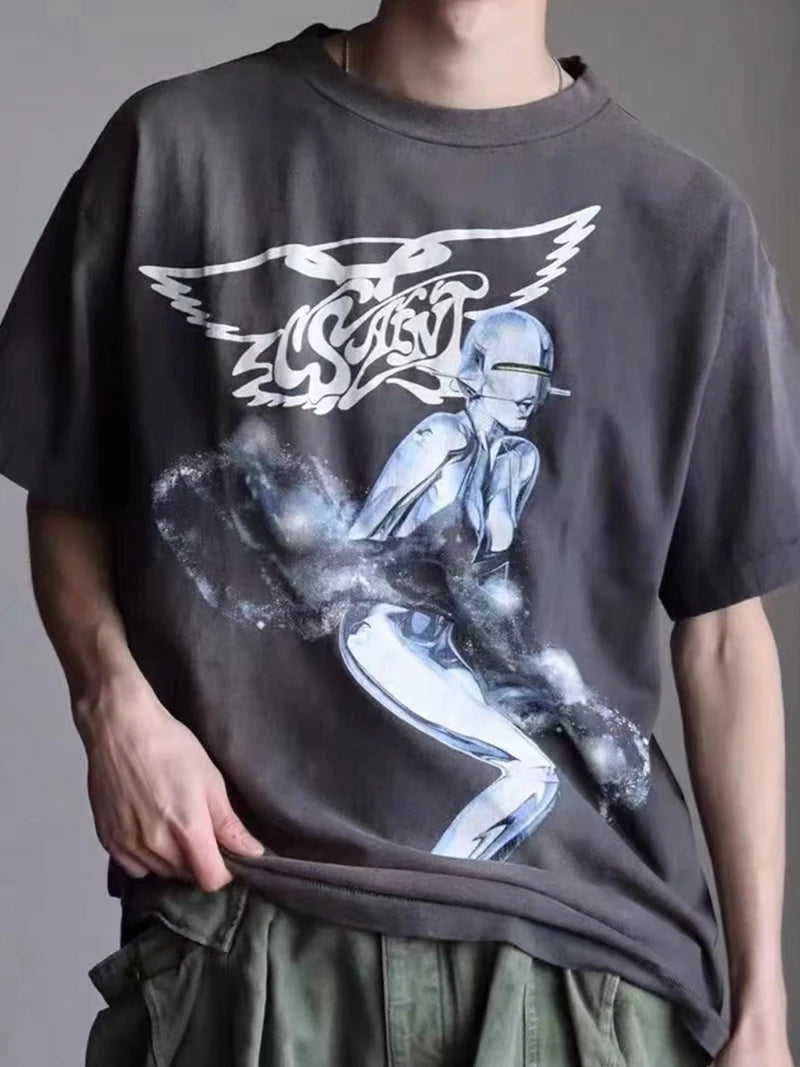 Vintage Series Saint Round Neck Sexy Robot Printed Casual High Quality Oversized T Shirt Harajuku Streetwear Men