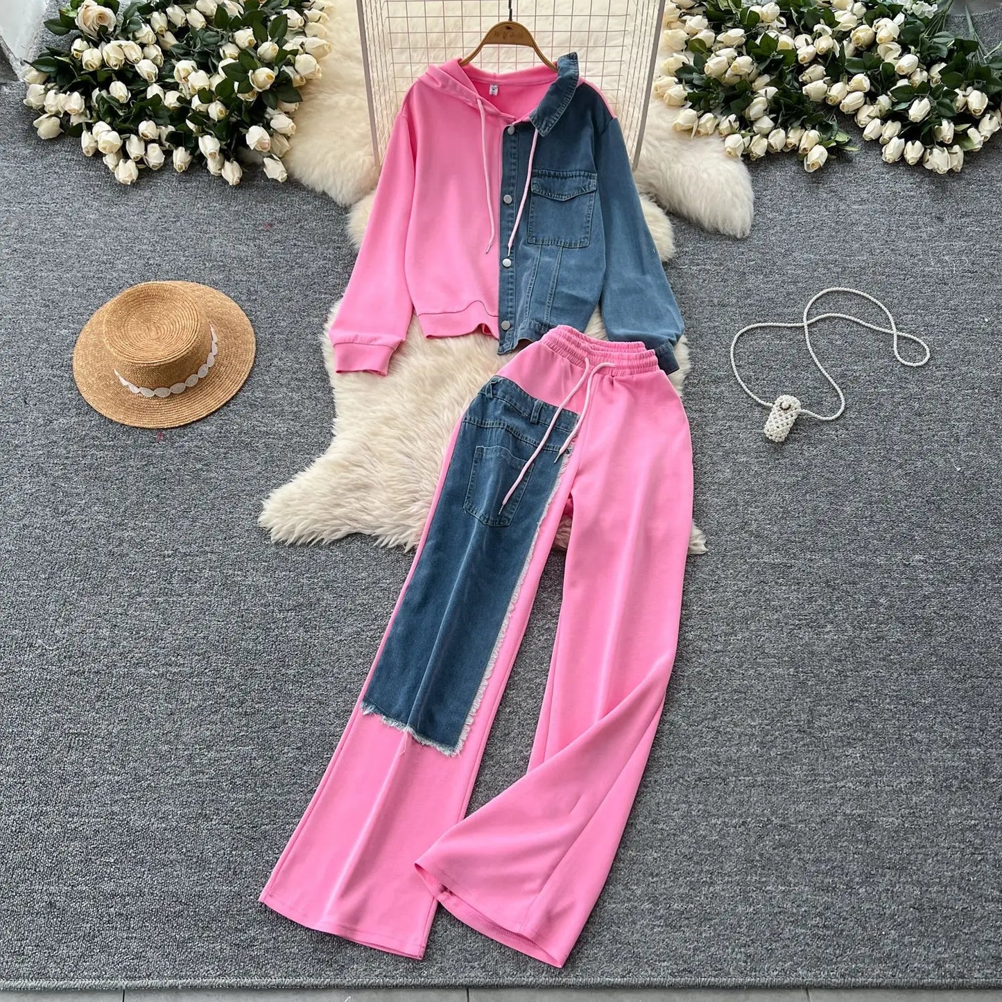 Pant Set Women Two Piece Sets Hooded Matching Sets Casual Loose Tops Wide Leg Long Pants Elastic Waist Lace Up Splice Denim 2025