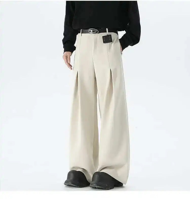 IEFB Pleated Design Men's Suit Pants Casual Solid Color American Style Bottom Drape Straight Wide Leg Male Trousers Simple 9W717