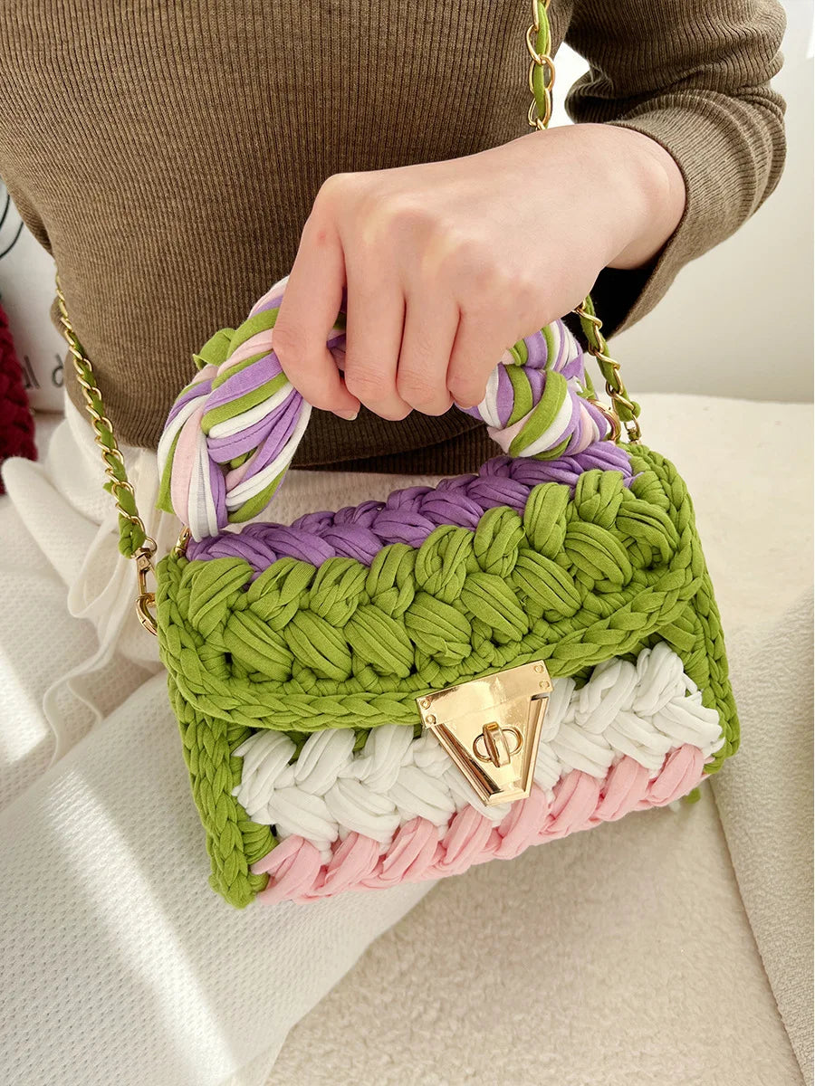 New Handmade Woven Women's Crossbody Bags Thread Hook Knitted Shoulder Bag Colorful Strip Chains Bags for Women Small Purses
