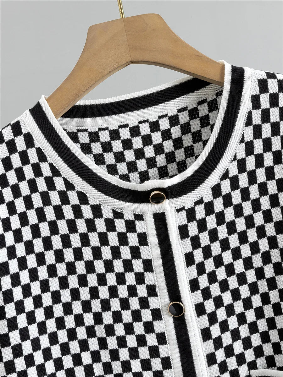 Plaid Design Knitted 2 Piece Sets Women Single Breasted Knit Sweater Cardigan Tops Conjuntos High Waist Wide Leg Pants Outfit