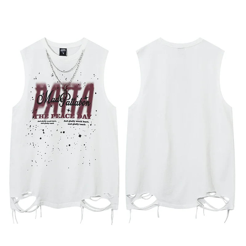 Hip Hop Tank Tops Men's Vintage Letter Graphic Sleeveless T-Shirt Streetwear Hole Harajuku Dancing Breathable Tops with Necklace