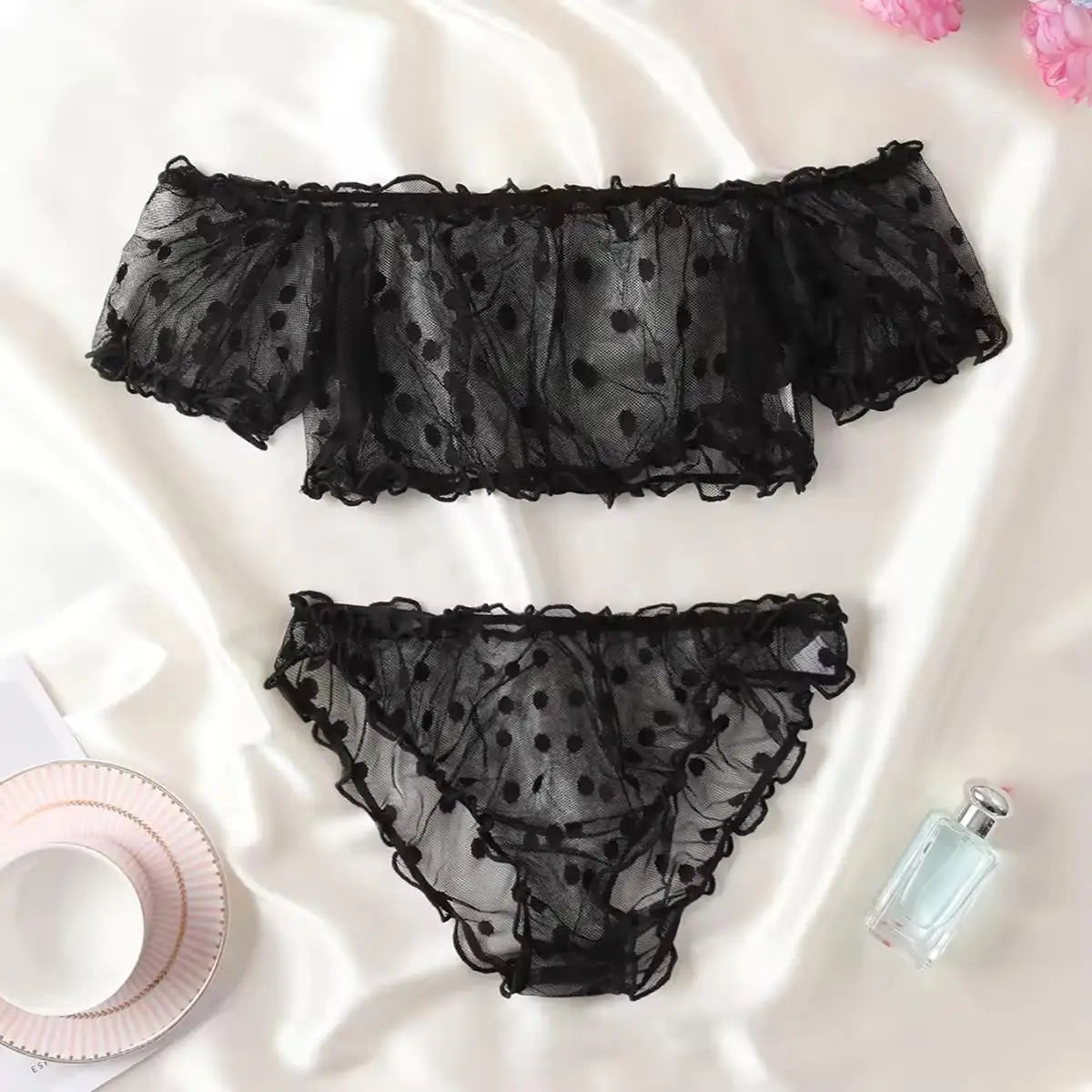 Polka Dot Pattern Semi-sheer Design Lingeries Sexys Woman Bustier Top And Panty Sets Women's Sexy Clothing Summer Outfit
