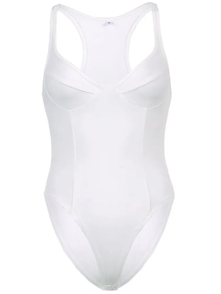 Sexy American Retro Sleeveless White Women's Bodysuits Fashion Basic Slim Outfits Chic Bodycon Jumpsuit Y2K Body Tops Summer