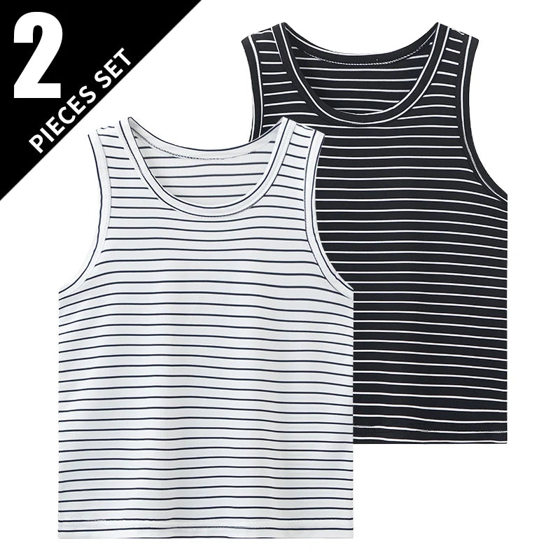 2-Pcs Children's Four Seasons Black And White Striped Vest Boy Leisure Sports Running Top Girl Basic Joker Fashion Bottoming Shi