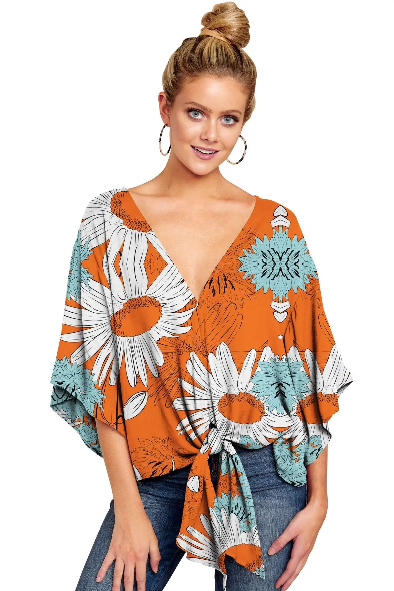 Spring Summer 2024 New Women's Shirt Sexy V-neck Short Sleeved Fashionable Printed Knot Printed Sleeve Top