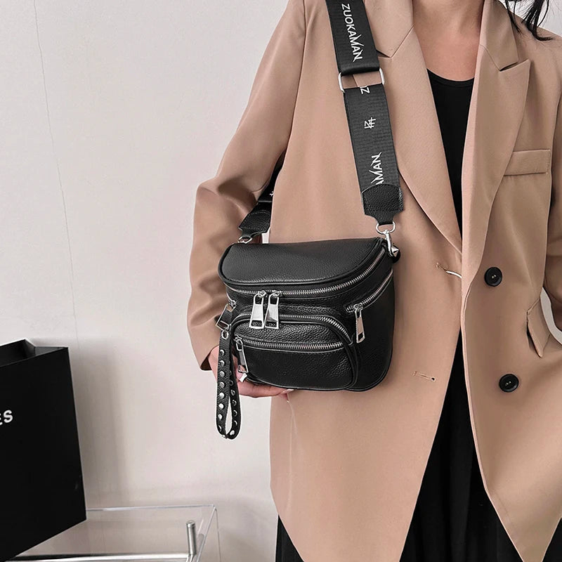 High Quality 100%Natural Cowskin Female Shoulder Crossbody Tote Genuine Leather Saddle Bags For Women Casual Wide Strap Handbags