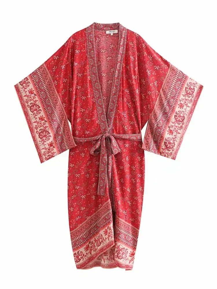 Vintage Chic femmes imprimé fleuri manches chauve-souris plage bohème Kimono Robe dames col en V été Boho Robe couvertures robes
