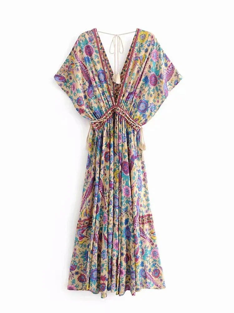 Robe Maxi Vintage Chic pour Femme, Imprimé Floral Paon, Manches Chauve-Souris, Bohème, Col en V, Pompon, Plage, Été