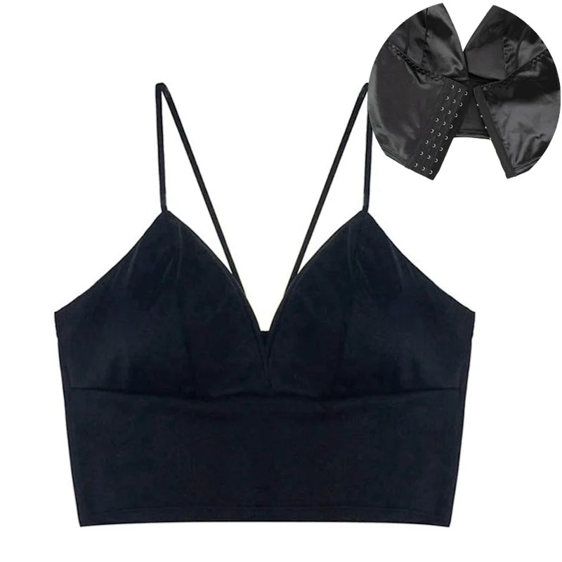 Haut court en satin sexy pour femme, bralette sans fil, bretelles spaghetti, t-shirt court avec poitrine, caraco rembourré