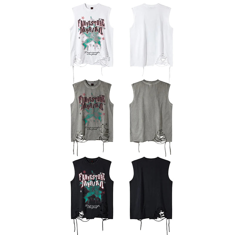 2025 Summer Hip Hop Tank Top Man Washed Streetwear Tees Y2k Sleeveless T Shirt Round Neck Cotton Baggy Vests Tops Distressed