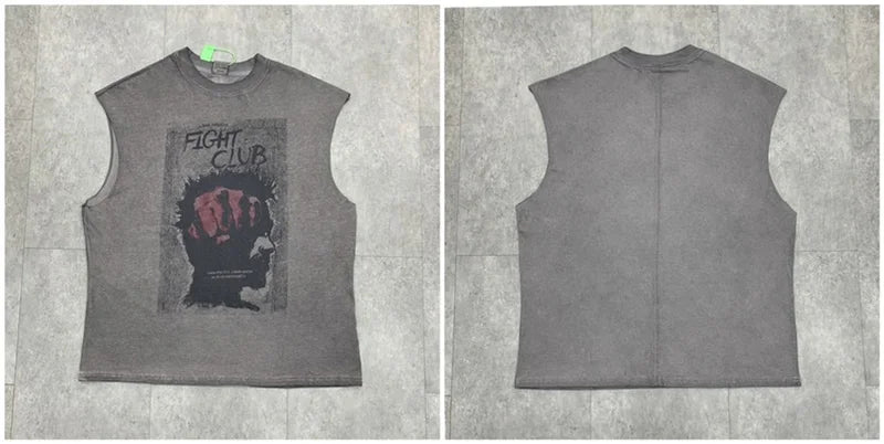 Vintage Washed Saint Sleeveless Tank T-shirts Oversize Men Woman Good Quality Black White Grey Hole Old Summer Streetwear