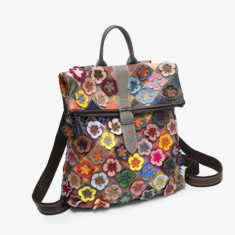 Handmade bag, three-dimensional floral romantic backpack, colorful patchwork retro backpack, luxurious travel experience