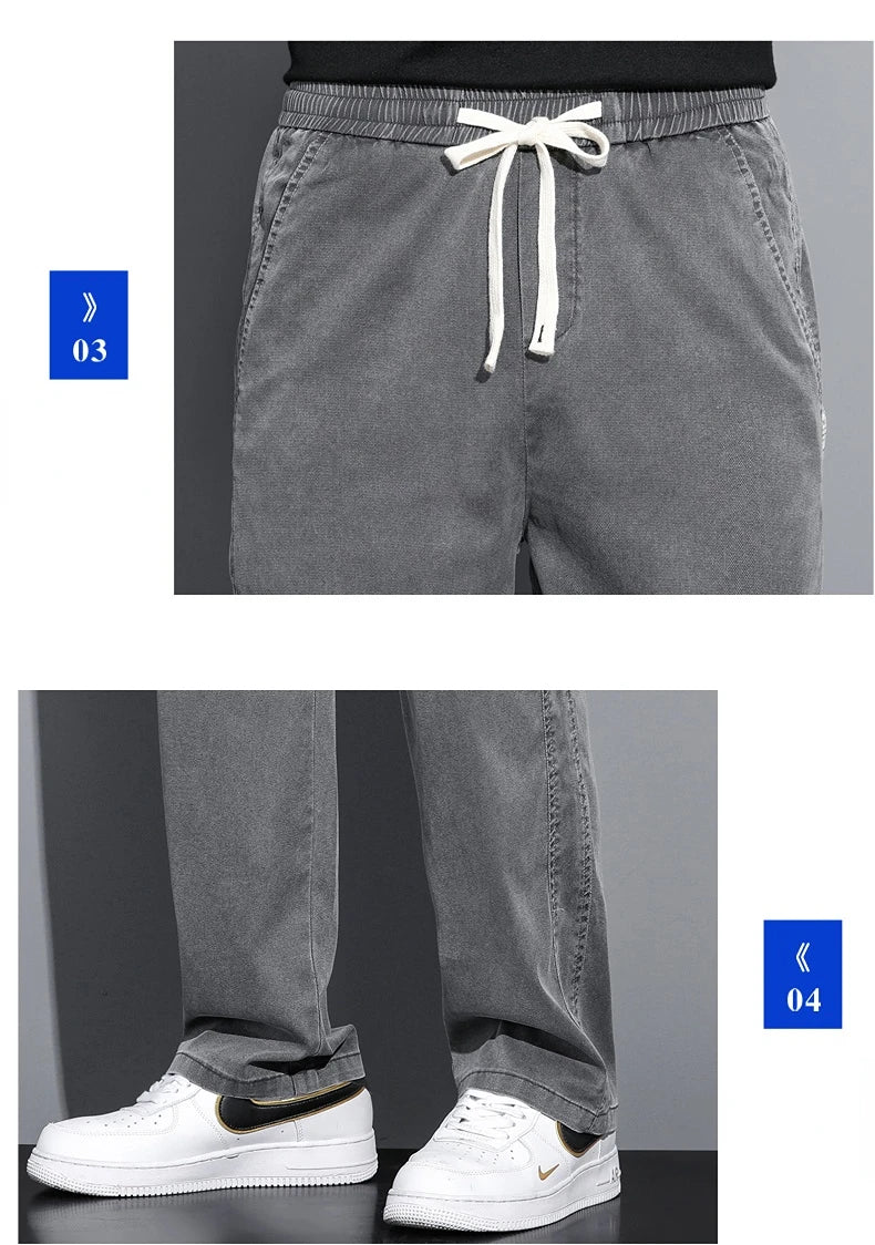 Summer Soft Lyocell Fabric Men's Jeans Thin Loose Straight Pants Drawstring Elastic Waist Korea Casual Trousers Plus Size