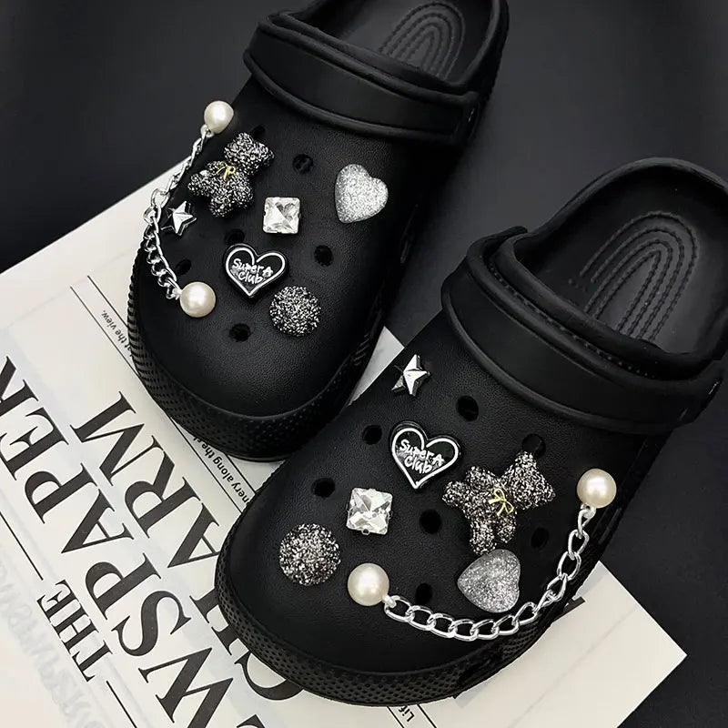 Sparkling Bear Love Rhinestone Pearl Chain Shoe Charms for Crocs Clogs Pins Decorations Slipper Accessories Garden Sandals Gift