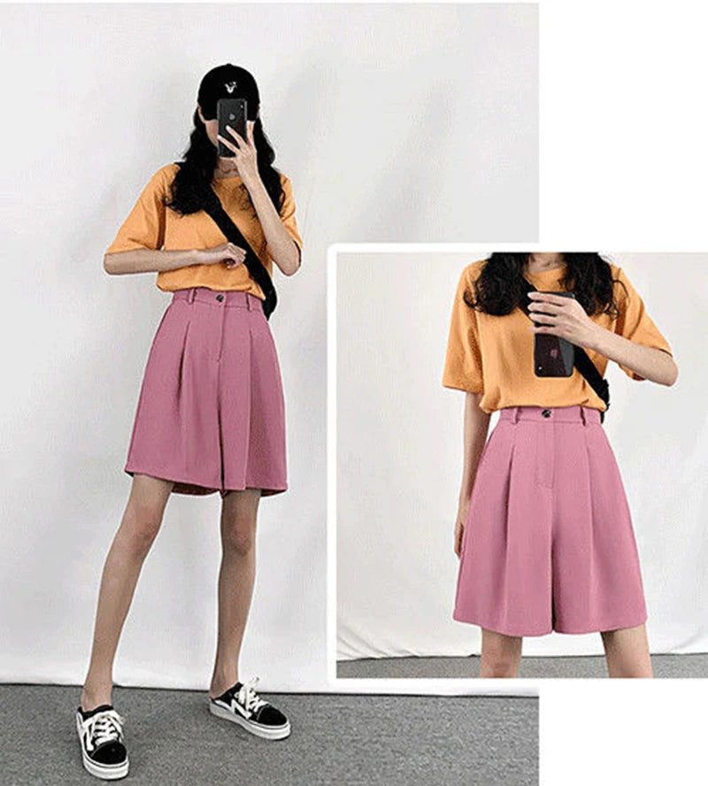 Casual High Waist Wide Leg Suit Shorts Women Korean Fashion Loose Solid Shorts Summer Office Ladies Black Thin Shorts