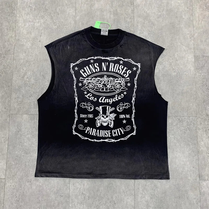 Vintage Washed Saint Sleeveless Tank T-shirts Oversize Men Woman Good Quality Black White Grey Hole Old Summer Streetwear