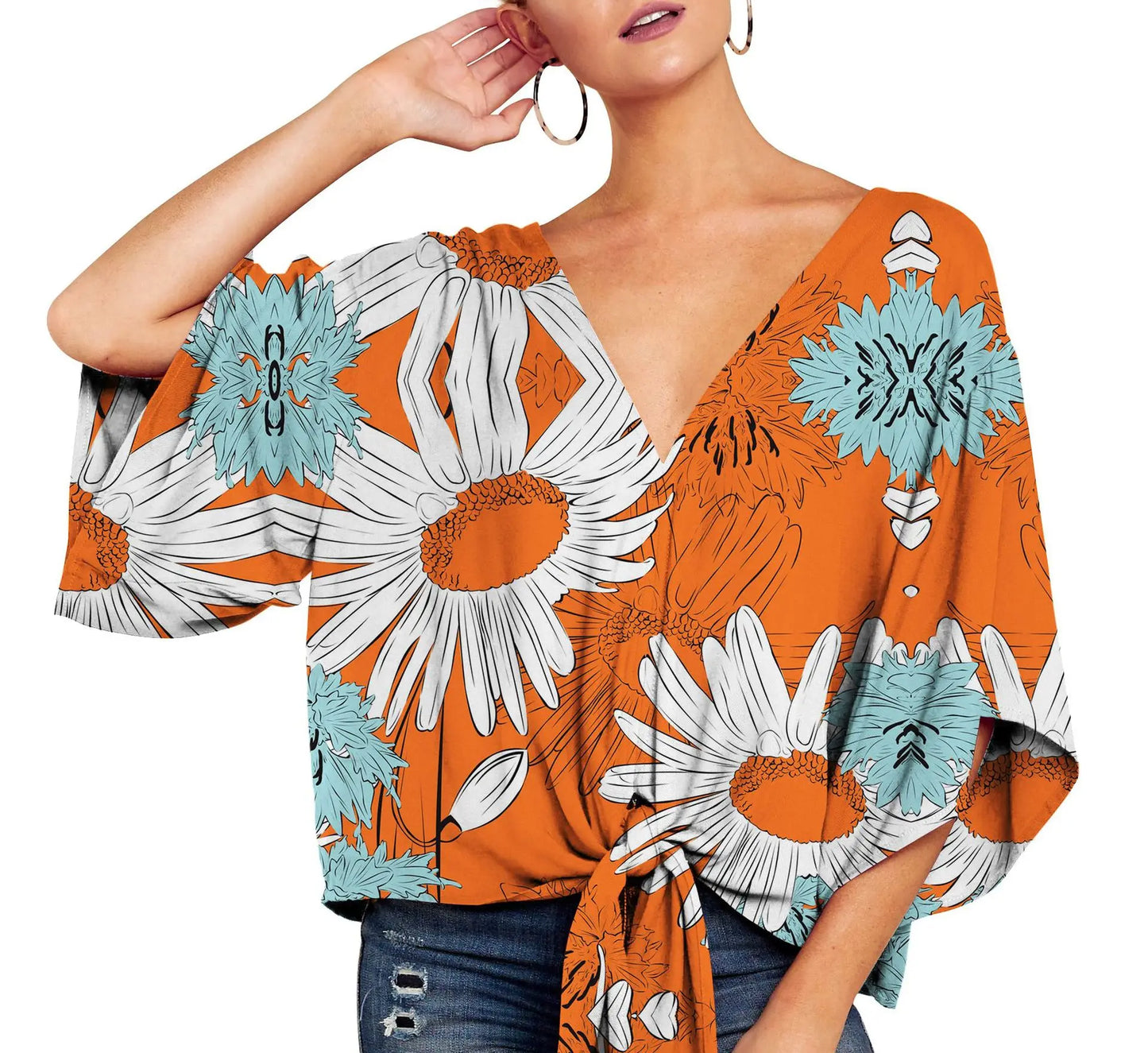 Spring Summer 2024 New Women's Shirt Sexy V-neck Short Sleeved Fashionable Printed Knot Printed Sleeve Top