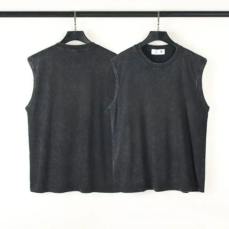 100% Cotton Hiphop Washed and Old Sleeveless T-shirt Men's Trendy Hip-hop Outer Wear Loose Sports Vest