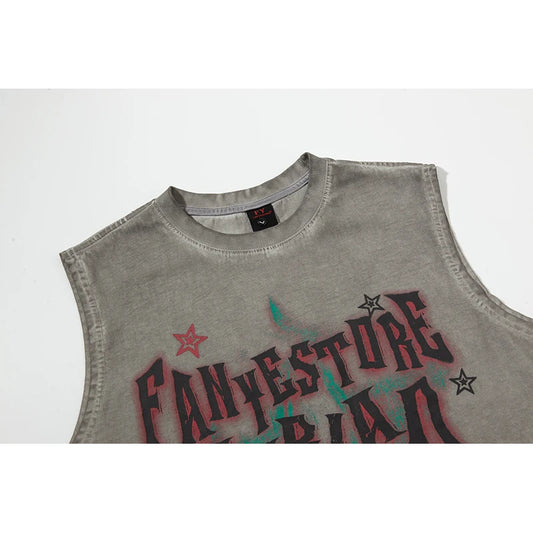 2025 Summer Hip Hop Tank Top Man Washed Streetwear Tees Y2k Sleeveless T Shirt Round Neck Cotton Baggy Vests Tops Distressed